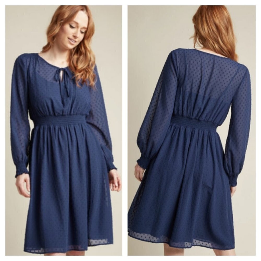 Modcloth S Blouson Fit & Flare Midi Dress long sleeves Blue Preppy Date Romantic